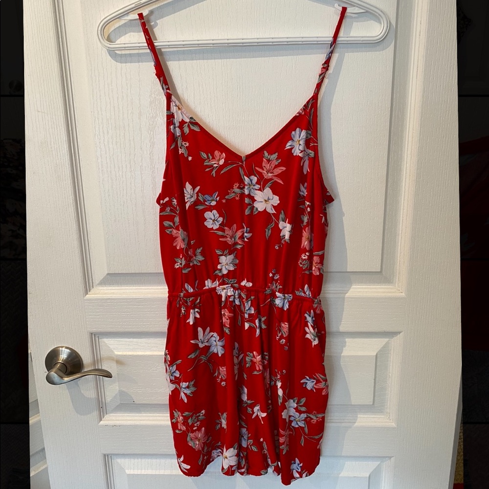 Red floral romper with pockets
